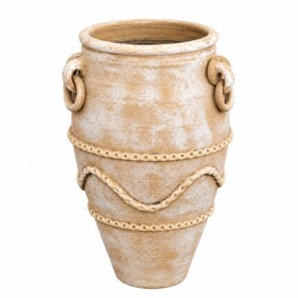beige terracotta clay pot with decorative ring handles and antique finish