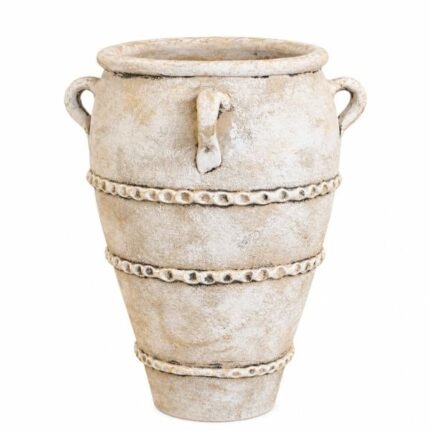 Weathered whitewashed amphora urn planter with rustic textured finish and decorative bands