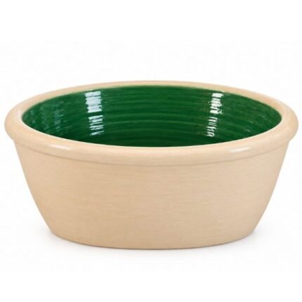 Beige lotus planter with a glossy deep green glazed interior