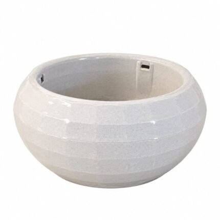 White glossy floral arrangement pot with a rounded geometric design